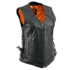 Black Milwaukee Leather women's V-neck motorcycle vest with rivets and side lace detailing, designed for classic riding style.