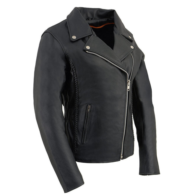Milwaukee Leather women's black braided motorcycle jacket with studded back, classic style and durable leather construction.