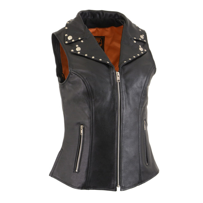 Milwaukee Leather women's black leather motorcycle rider vest with riveted lapel collar and classic V-neck design.