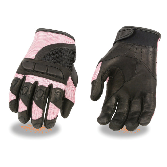 Milwaukee Leather women's racing gloves with black and pink leather and mesh combo, designed for motorcycle riding.