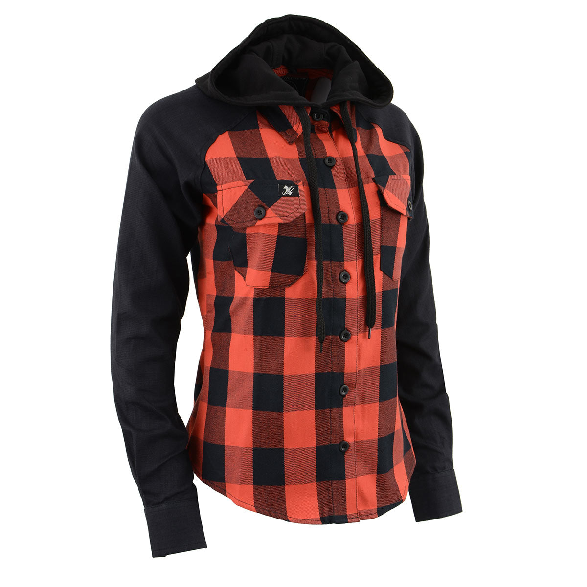 Milwaukee Leather women's black and red long sleeve cotton flannel shirt with hoodie, casual textile clothing for women.