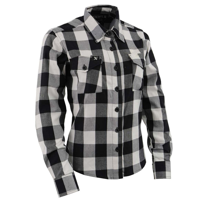 Milwaukee Leather women's black and white long sleeve cotton flannel shirt, casual textile clothing for women.