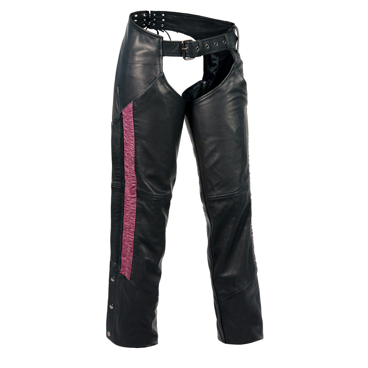 Milwaukee Leather women's black crinkled leather chaps with fuchsia stripes and reflective trim, designed for motorcycle riding.