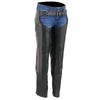 Milwaukee Leather women's black lightweight goat skin chaps with crinkled stripes and reflective details, designed for motorcycle riding.