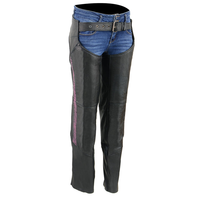 Milwaukee Leather women's black lightweight goat skin chaps with crinkled stripes and reflective details, designed for motorcycle riding.
