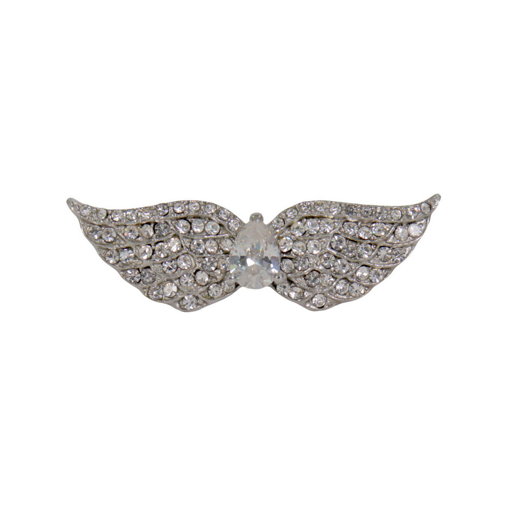 Women's white stainless steel ring with crystal pearl wings, designed by Hot Leathers, featuring intricate wing details and elegant craftsmanship.