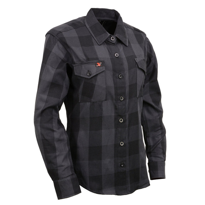 Milwaukee Leather women's casual long sleeve cotton flannel shirt in dark gray and black, stylish and comfortable textile clothing.