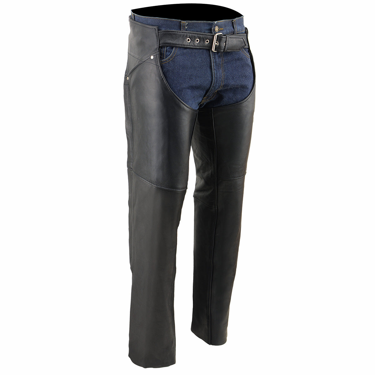 Milwaukee Leather women's black motorcycle chaps with deep thigh pockets, back laces, and premium leather for riding comfort.