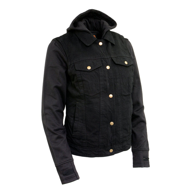 Milwaukee Leather women's black denim 2-in-1 motorcycle vest with collar and removable hoodie, casual and riding-ready style.
