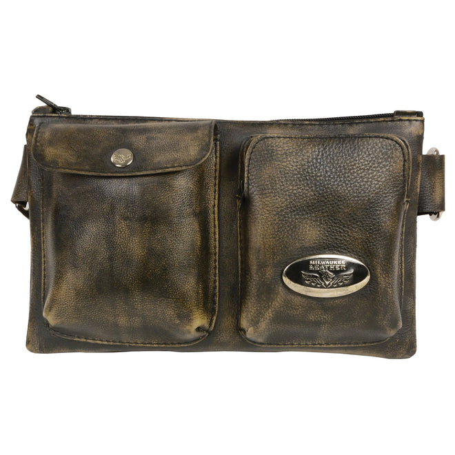 Milwaukee Leather Women's Distress Brown Leather Belt Bag with clip and thigh strap, casual fashion accessory.