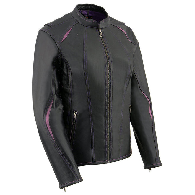 Milwaukee Leather women's distressed black and purple scuba-style racer jacket with laser cut details, stylish and fashionable women's jacket