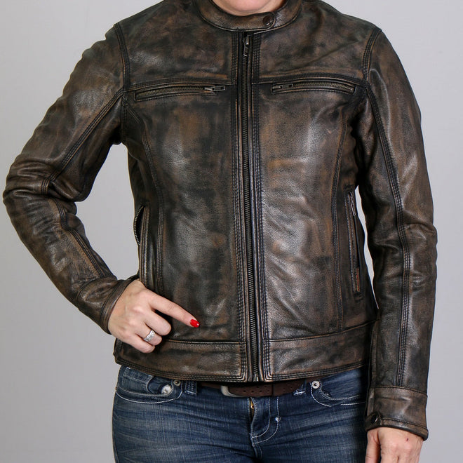 Hot Leathers JKL1024 Women's Distressed Brown Leather Jacket with Utility Pockets