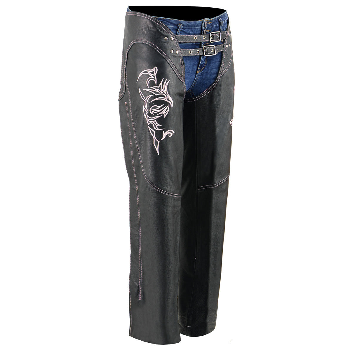 Pink leather motorcycle chaps for women with double buckles, reflective embroidery, low-rise waist, by Milwaukee Leather.