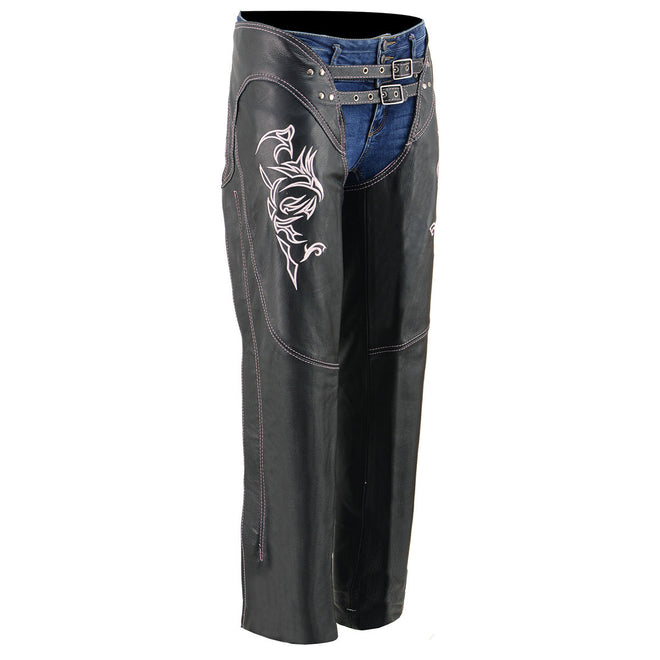 Pink leather motorcycle chaps for women with double buckles, reflective embroidery, low-rise waist, by Milwaukee Leather.