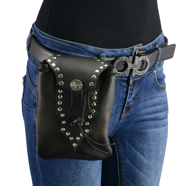 Milwaukee Leather Women's black leather drop belt bag with clip and thigh strap, designed for stylish, hands-free carrying.