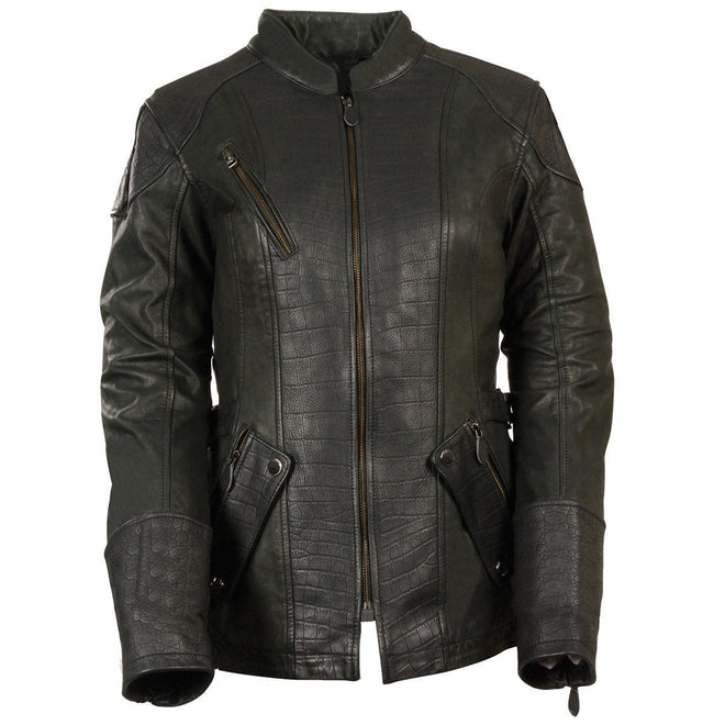 Milwaukee Leather Women's black 3/4 length gator embossed leather jacket, stylish women’s jacket with textured leather finish.