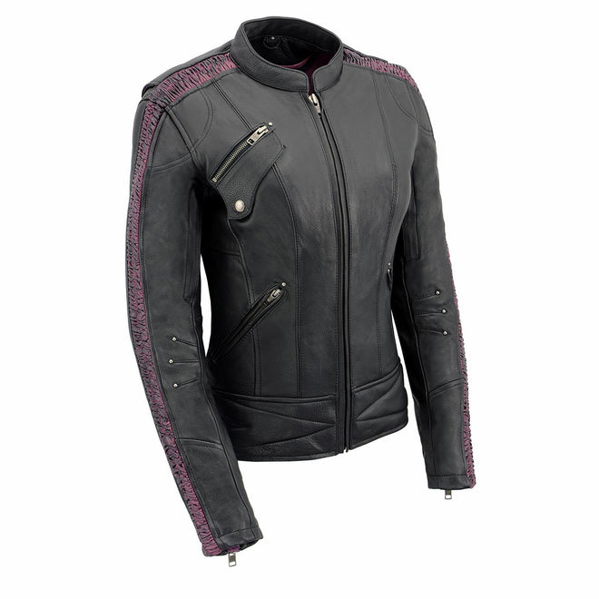 Milwaukee Leather women's black and purple Phoenix embroidered motorcycle leather jacket with stylish design.