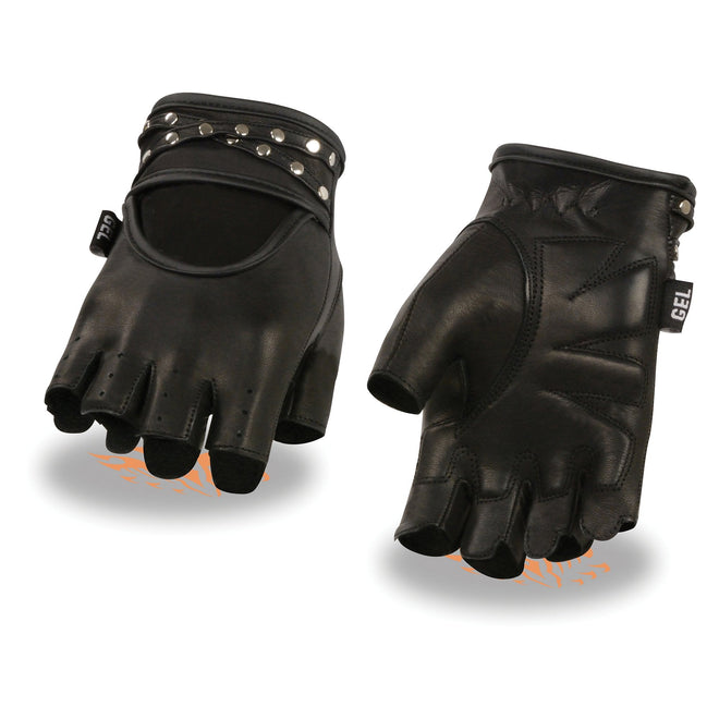 Milwaukee Leather women's black leather fingerless motorcycle gloves with gel palms and stylish wrist detailing.