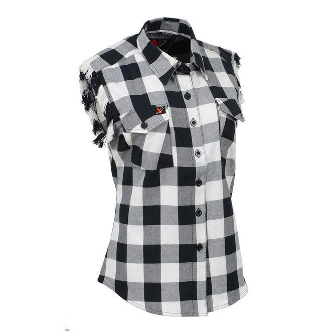Milwaukee Leather women's sleeveless flannel shirt with down filling, black and white, featuring cut-off frill arm holes.