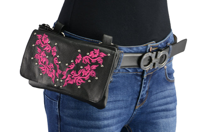 Milwaukee Leather Women's Flower Black and Pink Leather Belt Bag with multiple pockets, worn around the waist.