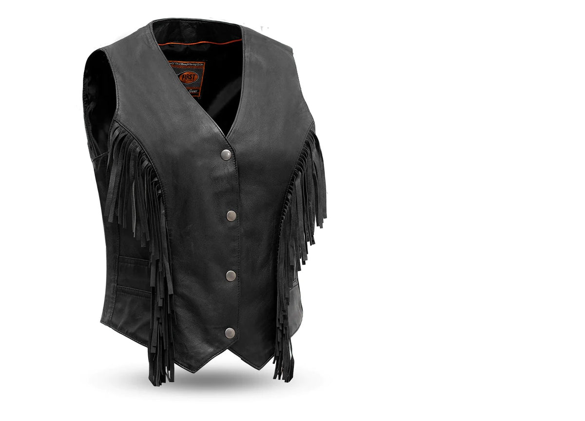 Women's fringe leather motorcycle vest by FIRST MFG featuring stylish fringe details and a classic biker look.