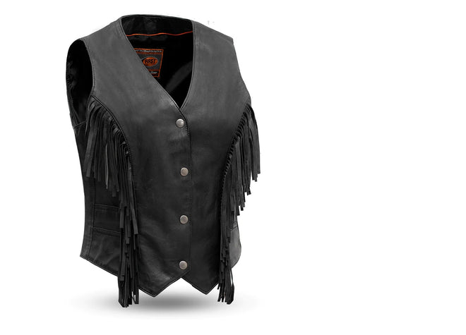 Women's fringe leather motorcycle vest by FIRST MFG featuring stylish fringe details and a classic biker look.