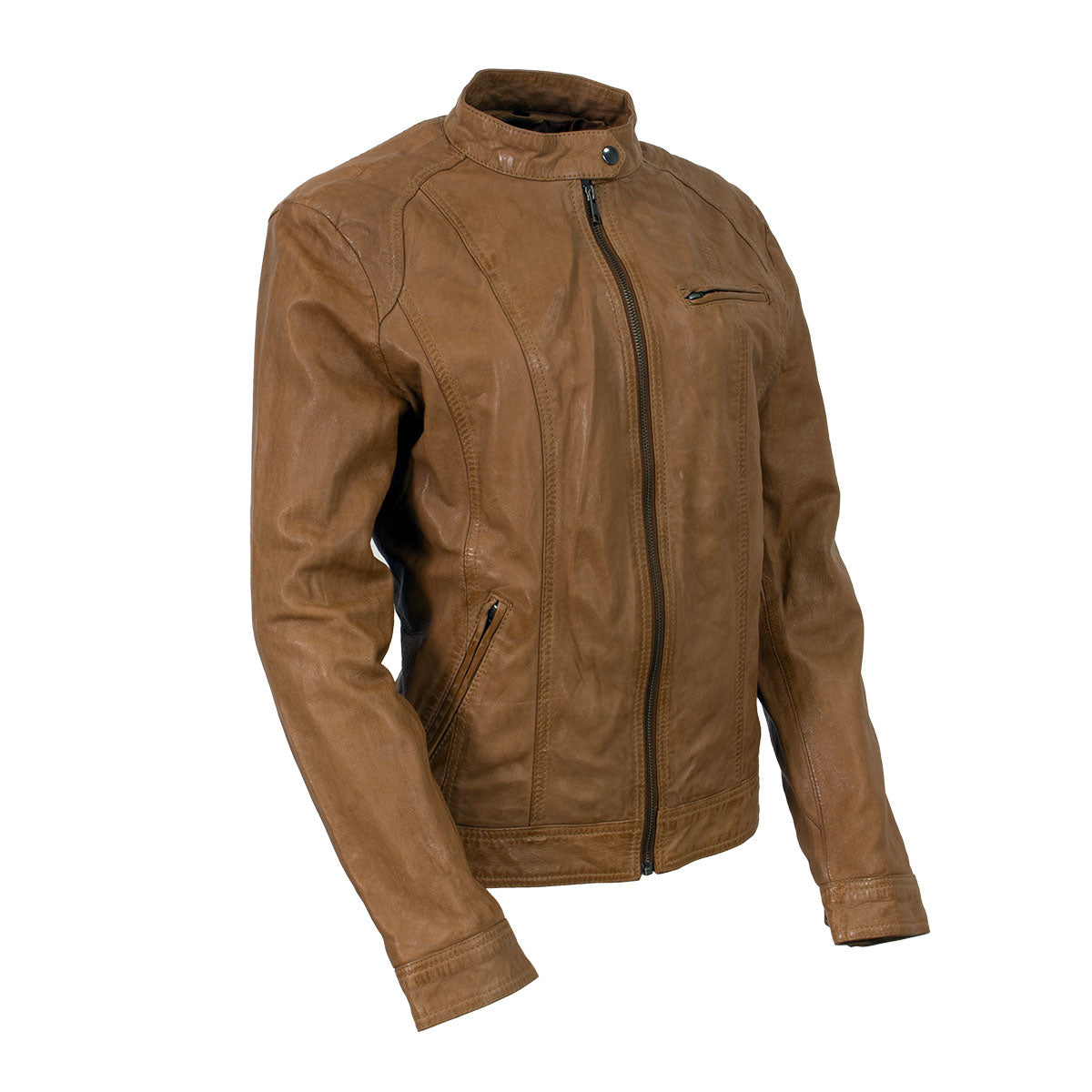 Milwaukee Leather women's cognac leather motorcycle jacket with front zipper, casual fashion style, and fitted design.