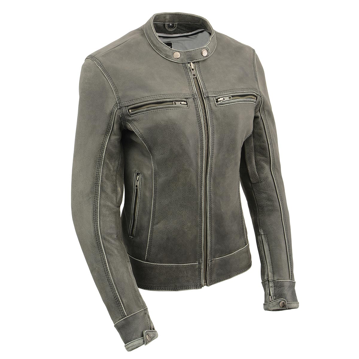 Milwaukee Leather women's distressed grey leather scooter motorcycle jacket with vented design and classic style.