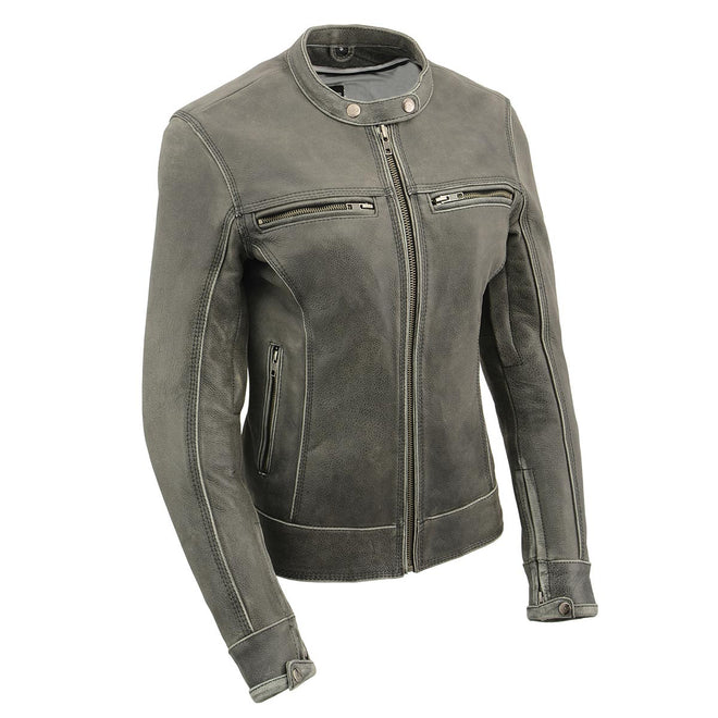 Milwaukee Leather women's distressed grey leather scooter motorcycle jacket with vented design and classic style.