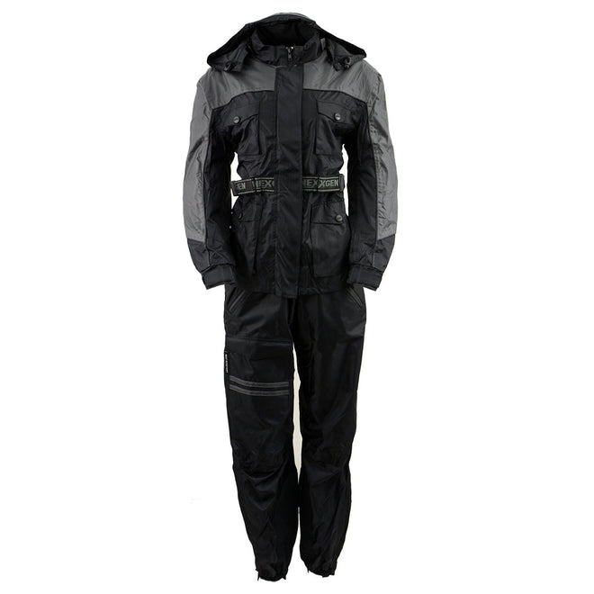 Milwaukee Leather women's black and grey waterproof rain suit with armor and hood, designed for protection and outdoor wear.