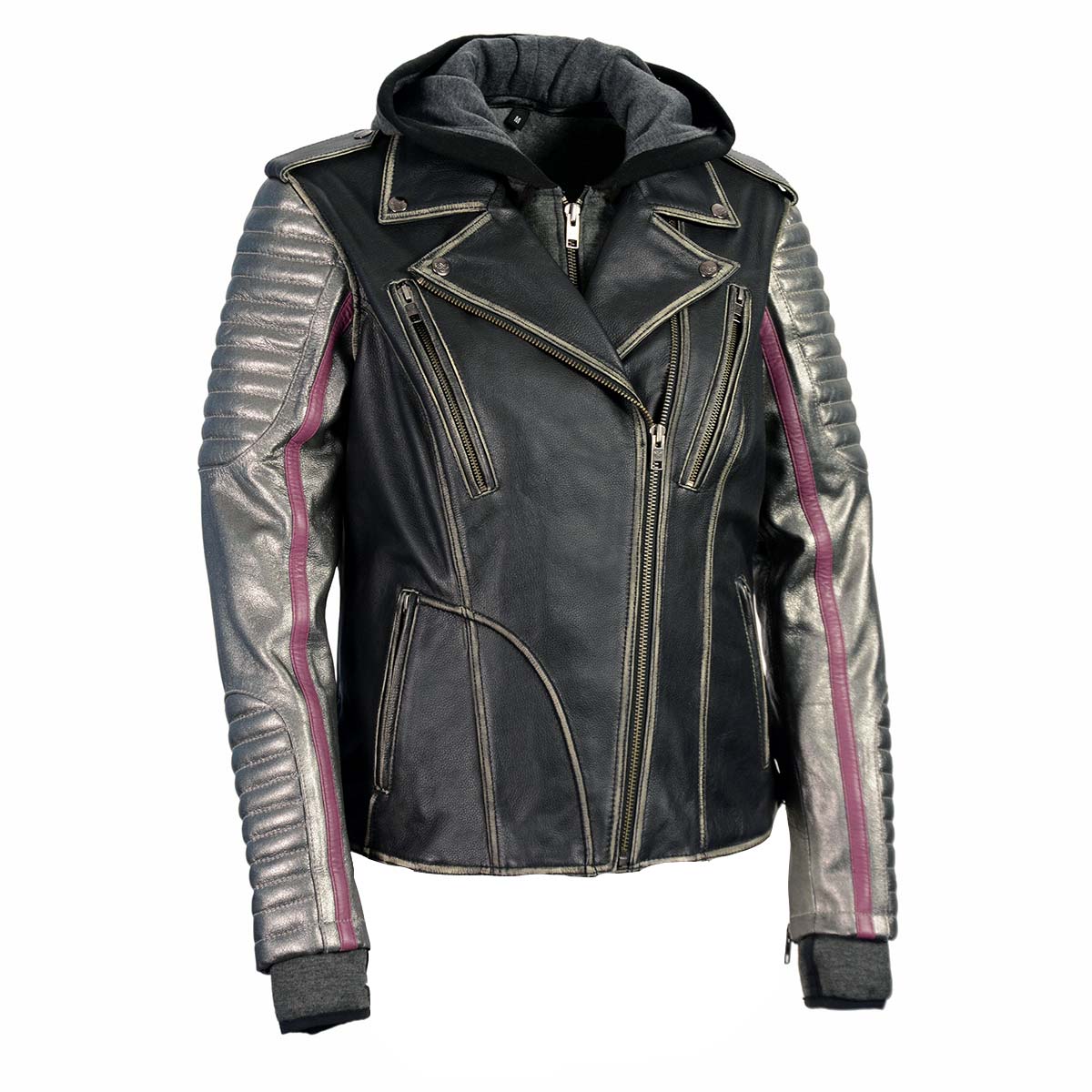 Milwaukee Leather women's black hooded leather jacket with silver sleeves, stylish and durable women's leather jacket.