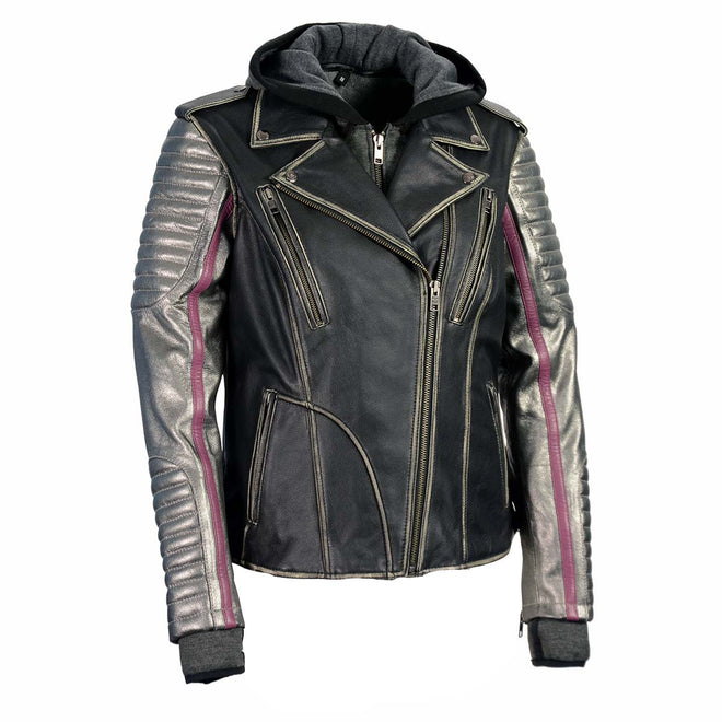 Milwaukee Leather women's black hooded leather jacket with silver sleeves, stylish and durable women's leather jacket.
