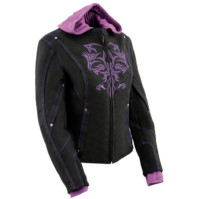 Milwaukee Leather women's 3/4 hooded textile jacket in black and purple with reflective tribal detail, suitable for casual wear.