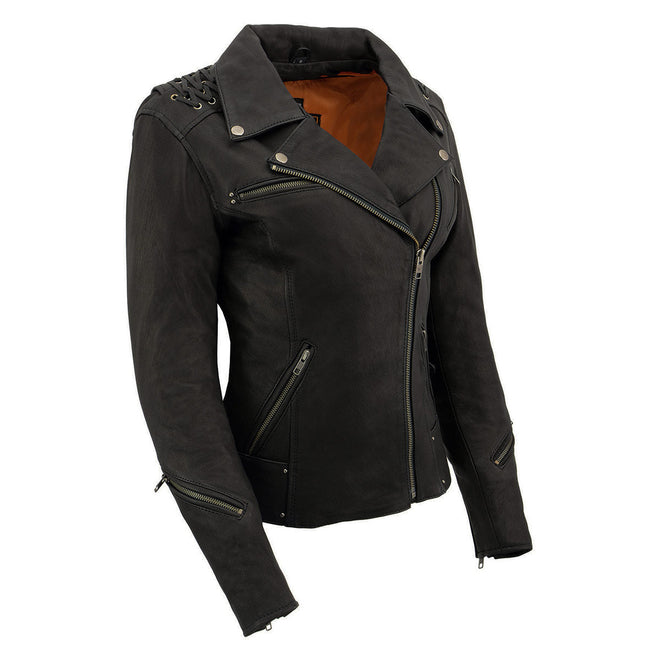 Milwaukee Leather women's black leather lace-to-lace lightweight jacket with fitted design and intricate lace details.