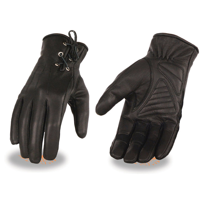 Milwaukee Leather Women's Laced Wrist Black Leather Riding Glove with Gel Palms, showing detailed laced wrist design and padded palms.