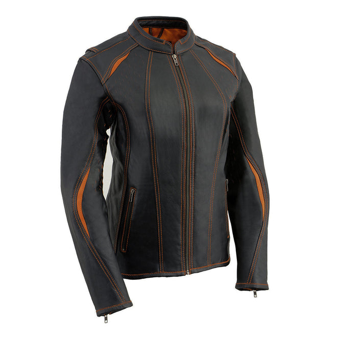 Milwaukee Leather women's distressed black and orange scuba style racer jacket with laser cut detailing, casual and stylish outerwear.