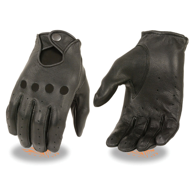 Black Milwaukee Leather Women's unlined leather driving gloves with open fingers and detailed stitching.