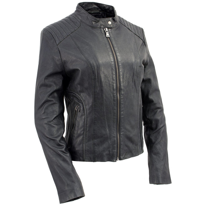 Milwaukee Leather women's black leather motorcycle-style fashion jacket with front zipper and stylish design.