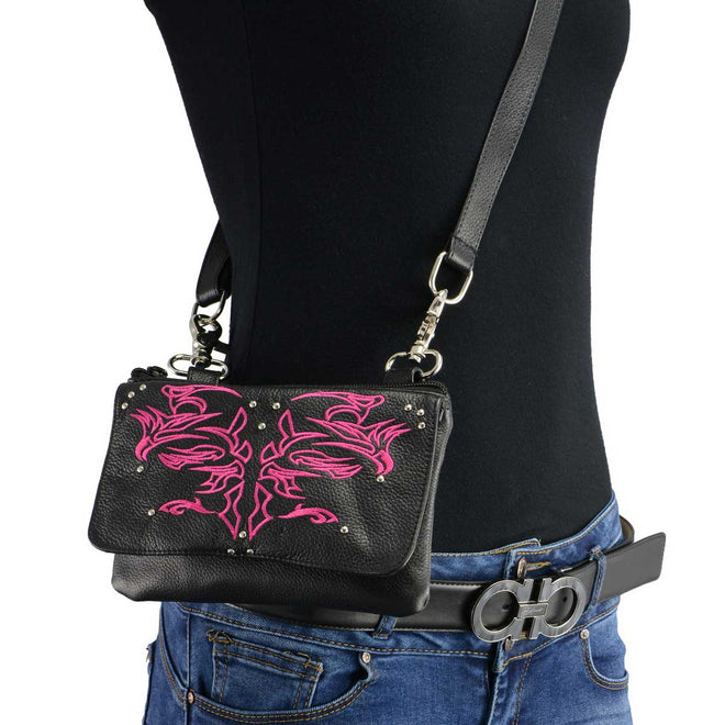 Milwaukee Leather women's black and pink leather multi-pocket belt bag worn around the waist, with multiple compartments for essentials.