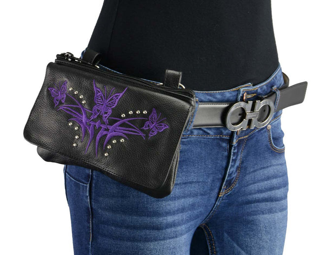 Milwaukee Leather women's black and purple leather multi-pocket belt bag with clip and thigh strap for versatile carry.