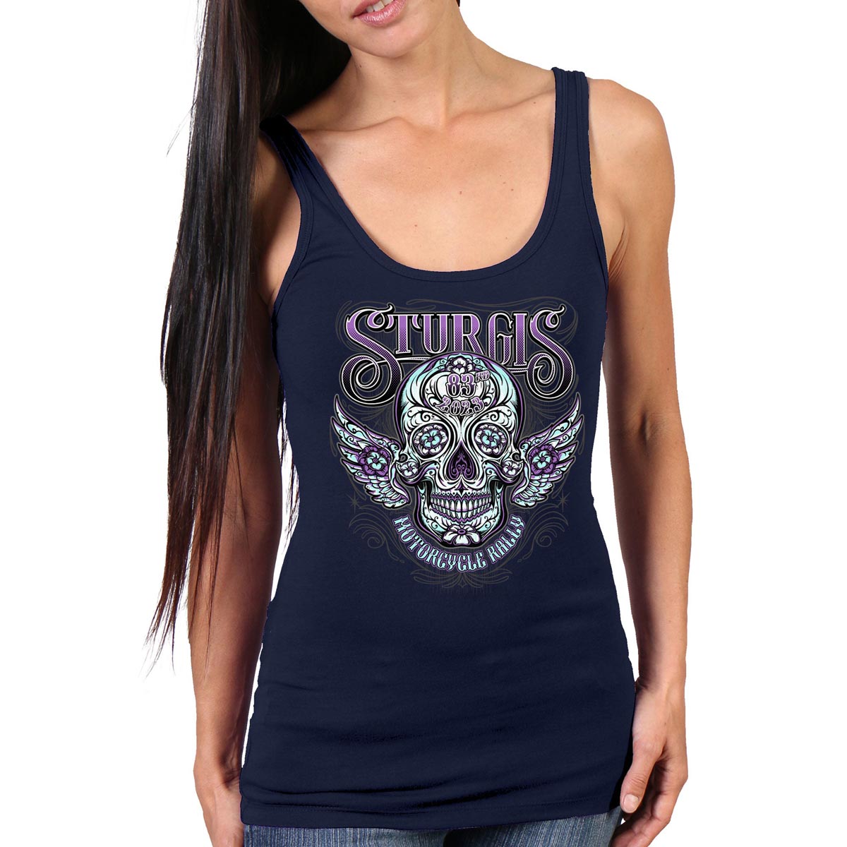 Women's navy Sturgis antique sugar skull tank top by Hot Leathers, stylish textile clothing with graphic skull design.