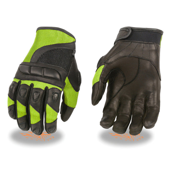 Milwaukee Leather women's racing gloves in black and neon green leather with mesh panels for a snug, sporty fit.