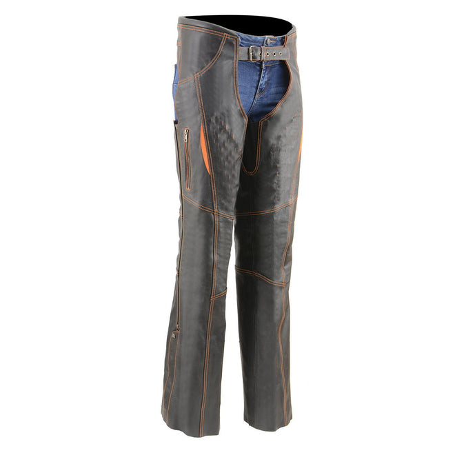 Milwaukee Leather women's black and orange leather motorcycle chaps with laser cut accents and stitch details.