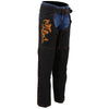 Milwaukee Leather women's black textile motorcycle riding chaps with orange tribal embroidery and adjustable straps.