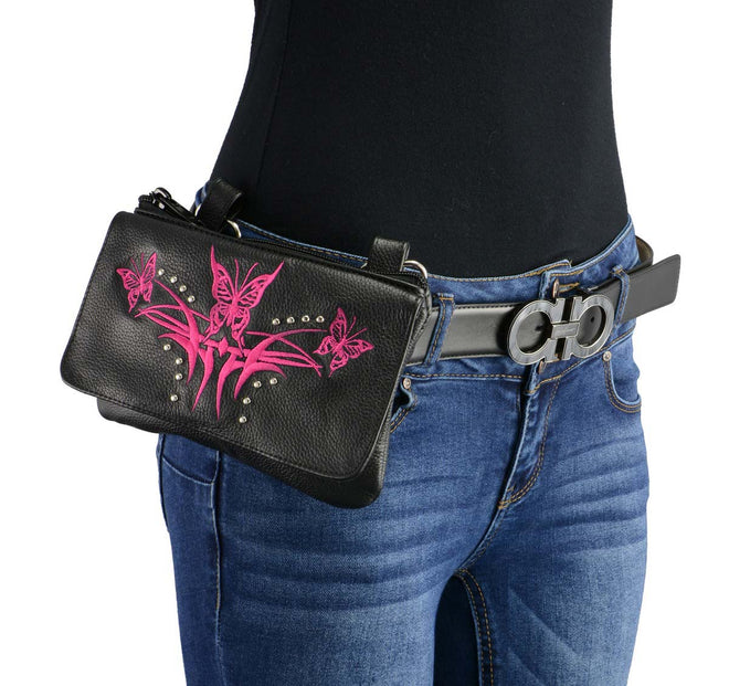 Milwaukee Leather women's black and pink leather belt bag with multiple pockets, designed for clip, thigh, or fan bag use.