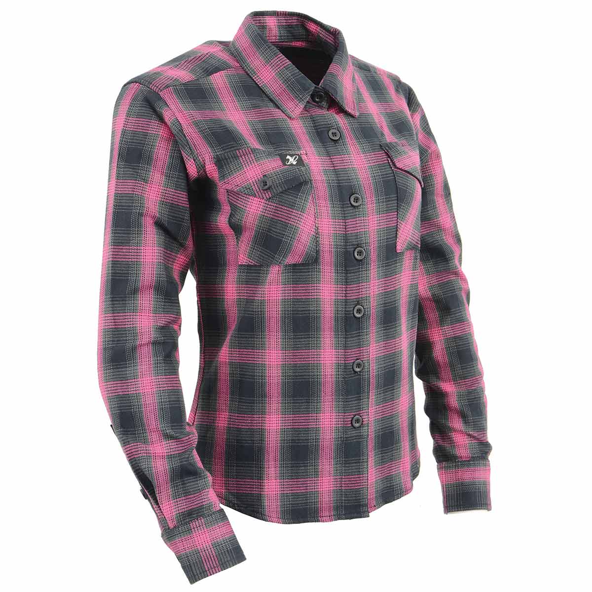 Milwaukee Leather women's black and pink long sleeve cotton flannel shirt, casual textile clothing for women.