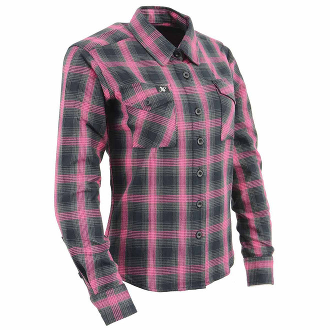 Milwaukee Leather women's black and pink long sleeve cotton flannel shirt, casual textile clothing for women.