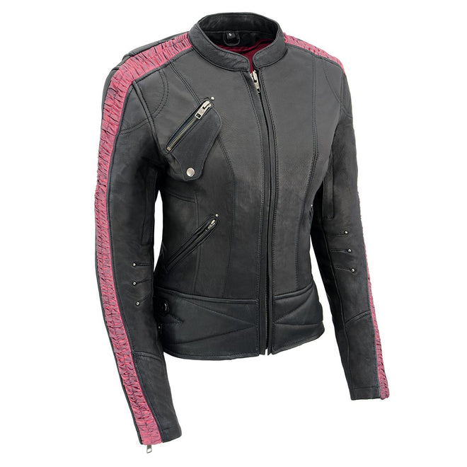 Milwaukee Leather women's black and pink crinkled arm lightweight racer jacket displayed on a model.