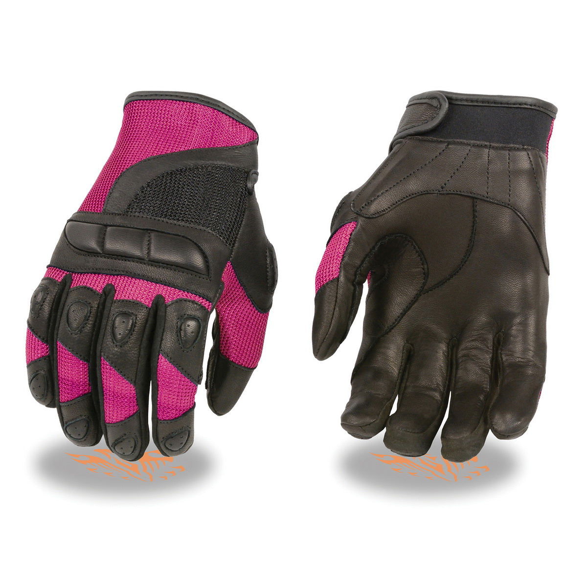 Milwaukee Leather women's racing gloves in hot pink and black leather with mesh panels, designed for comfort and style.