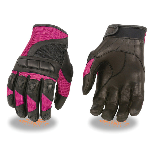Milwaukee Leather women's racing gloves in hot pink and black leather with mesh panels, designed for comfort and style.